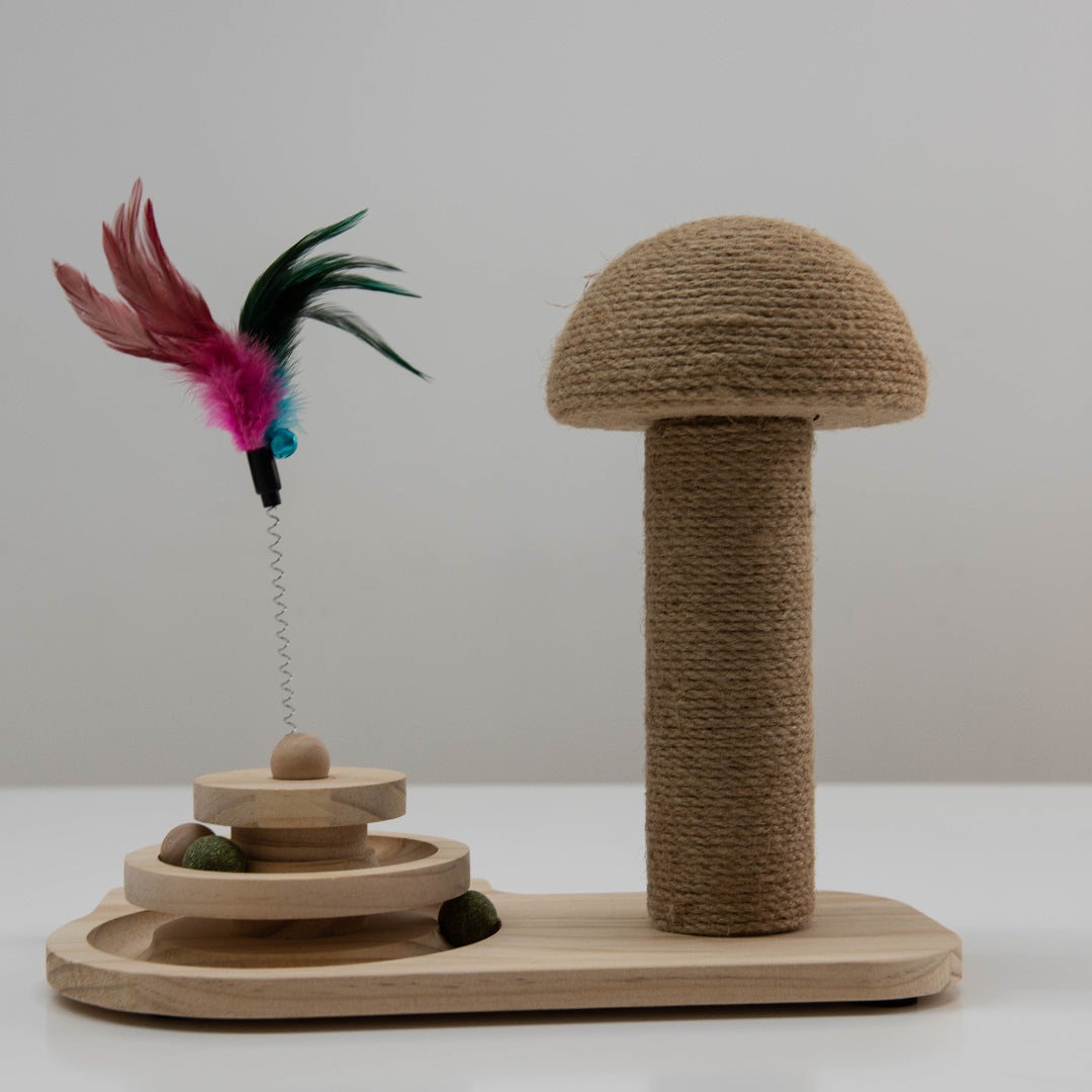 Krab & Speel Paddenstoel van hout mettouwkap, speelcirkel en catnipbal