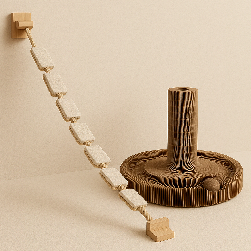 Stijlvolle krabpaal en wandladder voor katten, in natuurlijke tinten