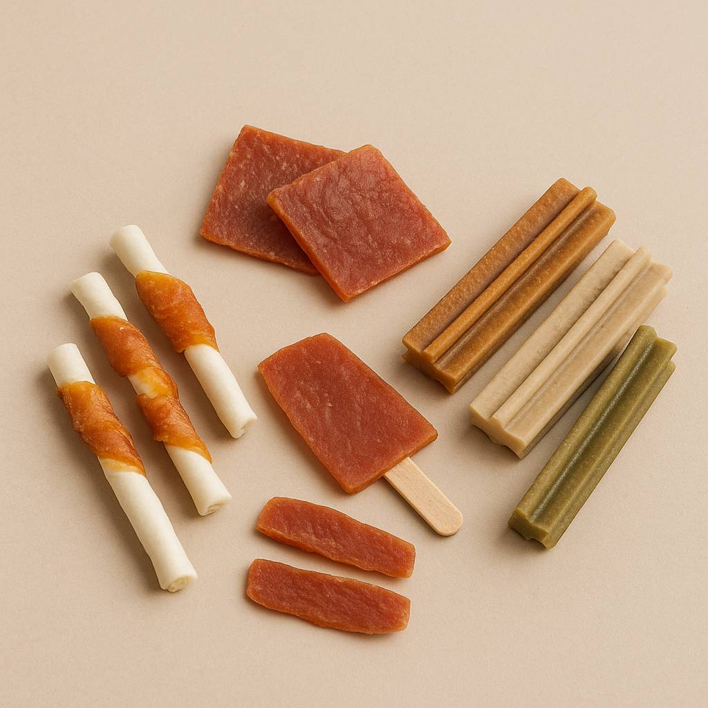 Natuurlijke hondensnacks in verschillende vormen voor belonen en kauwen