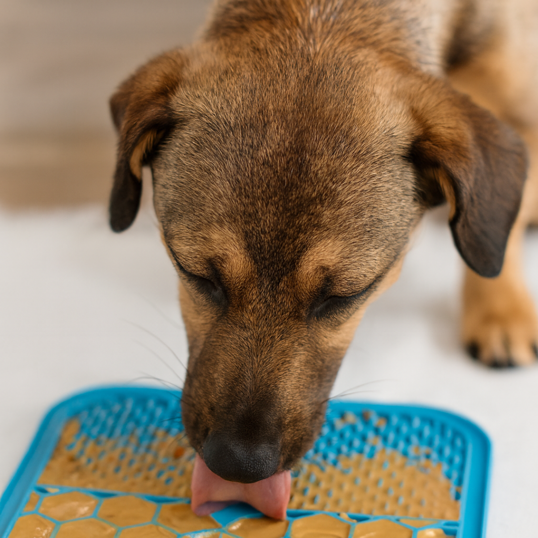 Blauwe silicone likmat voor honden en katten, voedselveilig en BPA-vrij, met zuignoppen en textuurvlakken met hond