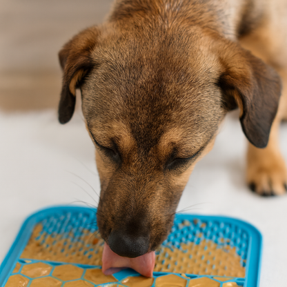 Blauwe silicone likmat voor honden en katten, voedselveilig en BPA-vrij, met zuignoppen en textuurvlakken met hond
