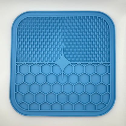 Blauwe silicone likmat voor honden en katten, voedselveilig en BPA-vrij, met zuignoppen en textuurvlakken