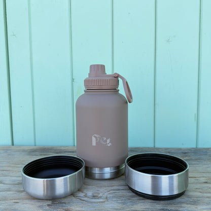 RVS_honden_drinkfles_3-in-1_met_voer-_en_waterbakjes_1000_ml_in_ivoorwit_rookroze_saliegroen_en_zandbruin_wit