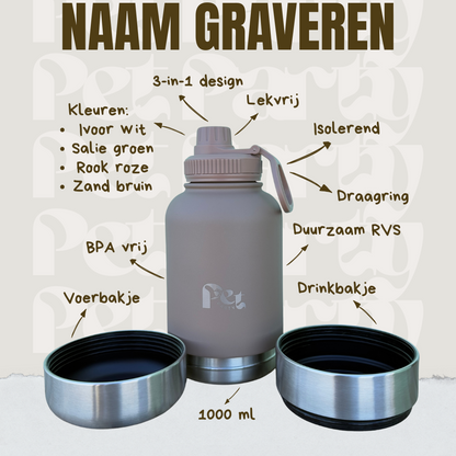 Bruin_RVS_honden_drinkfles_3-in-1_met_voer-_en_waterbakjes_1000_ml_in_ivoorwit_rookroze_saliegroen_en_zandbruin_wit_in_het_bos