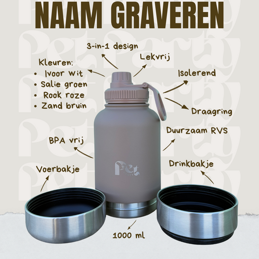 Bruin_RVS_honden_drinkfles_3-in-1_met_voer-_en_waterbakjes_1000_ml_in_ivoorwit_rookroze_saliegroen_en_zandbruin_wit_in_het_bos