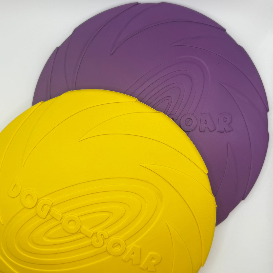 Dog-O-Soar hondenfrisbee van natuurlijk rubber in paars en geel, 22 cm