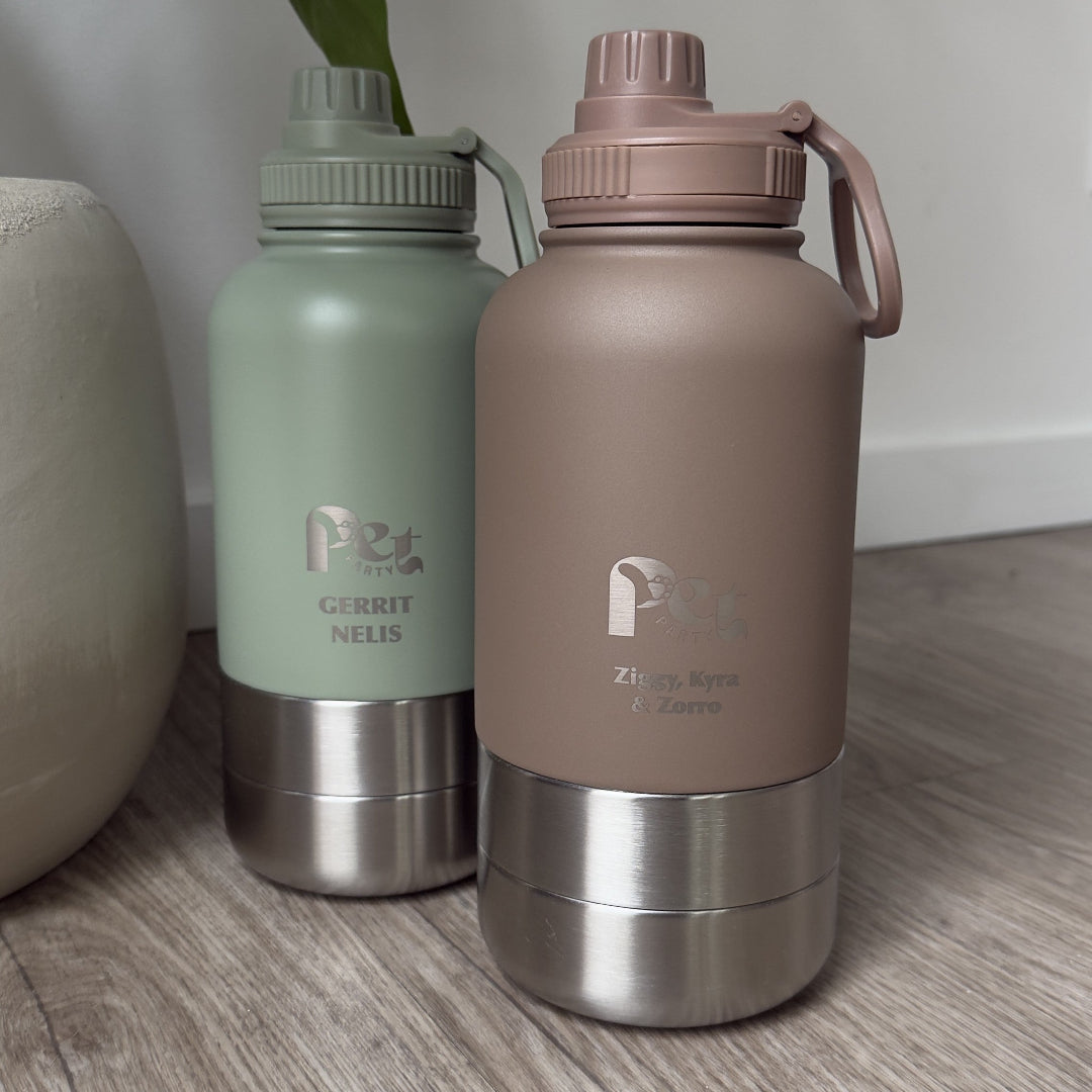 RVS honden drinkfles 3-in-1 met voer- en waterbakjes, 1000 ml, in ivoorwit, rookroze, saliegroen en zandbruin