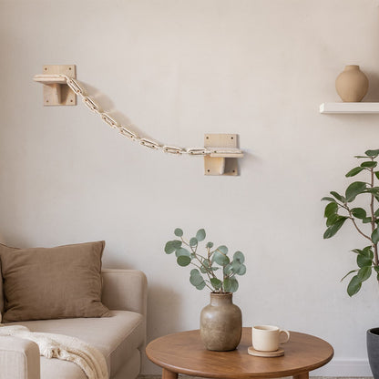 Kattenklimladder houten klimtrap voor katten aan de muur, met touwstructuur