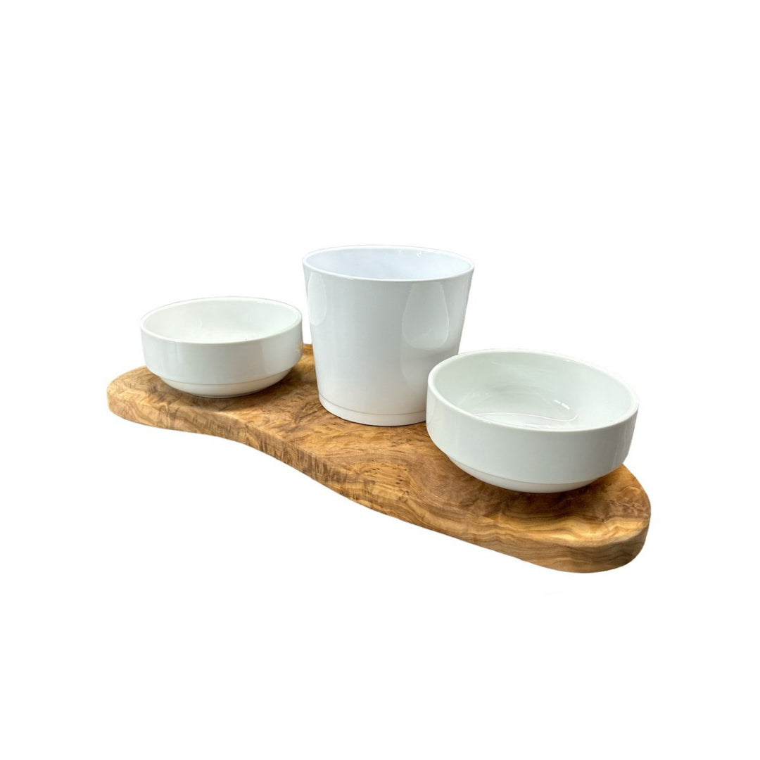 Katten voerstation RUSTY van olijfhout met porseleinen kommen en kattengraspot