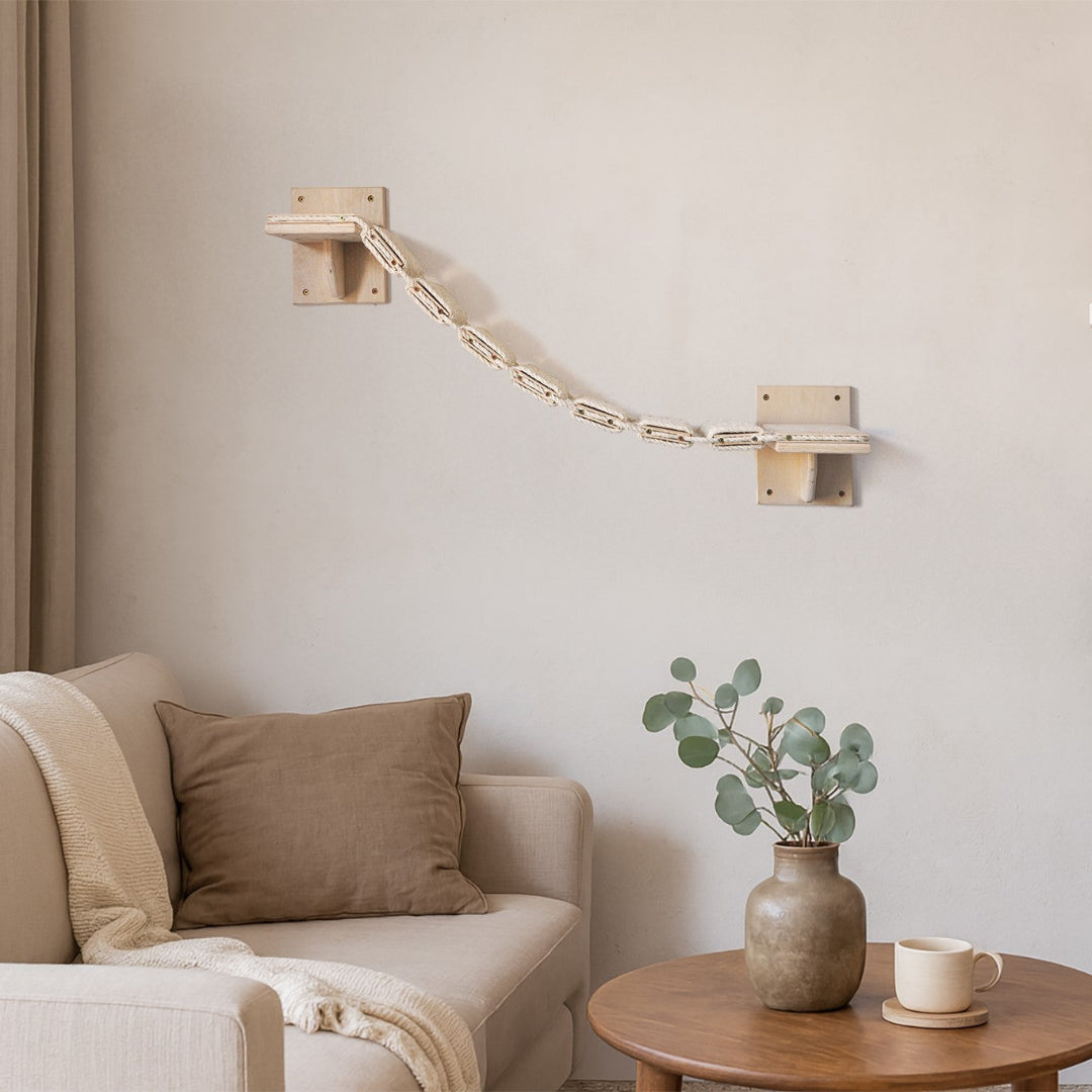 Kattenklimladder houten klimtrap voor katten aan de muur, met touwstructuur