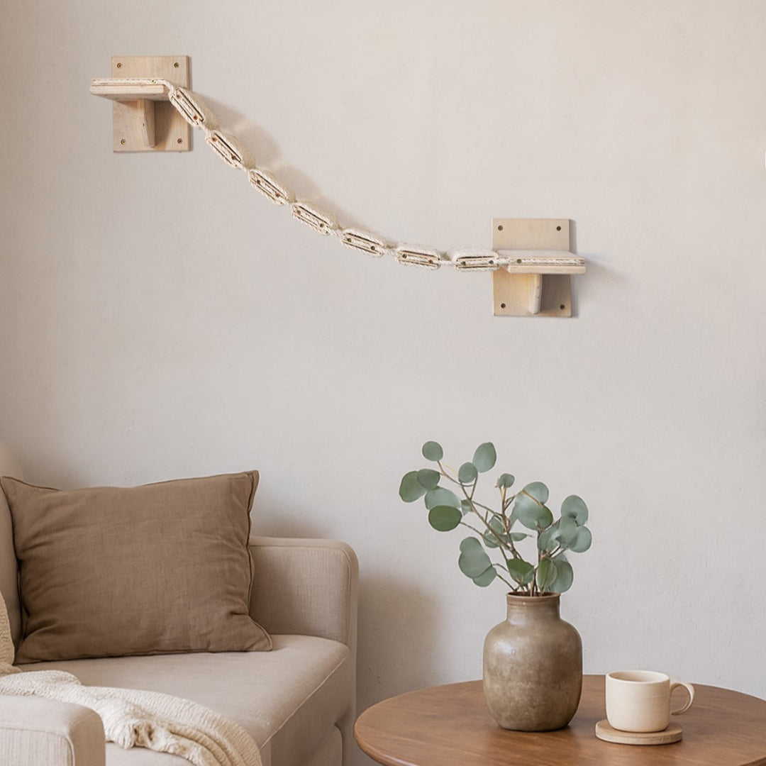 Kattenklimladder houten klimtrap voor katten aan de muur, met touwstructuur