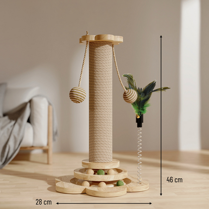 Flower Tower krabpaal van hout met speelcirkel, sisal en kippenveren