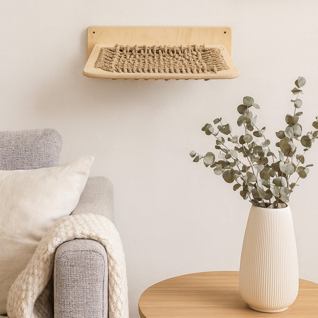 Kattenwandplank van hout met gevlochten touwmat en liggende kat