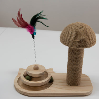 Krab & Speel Paddenstoel van hout mettouwkap, speelcirkel en catnipbal