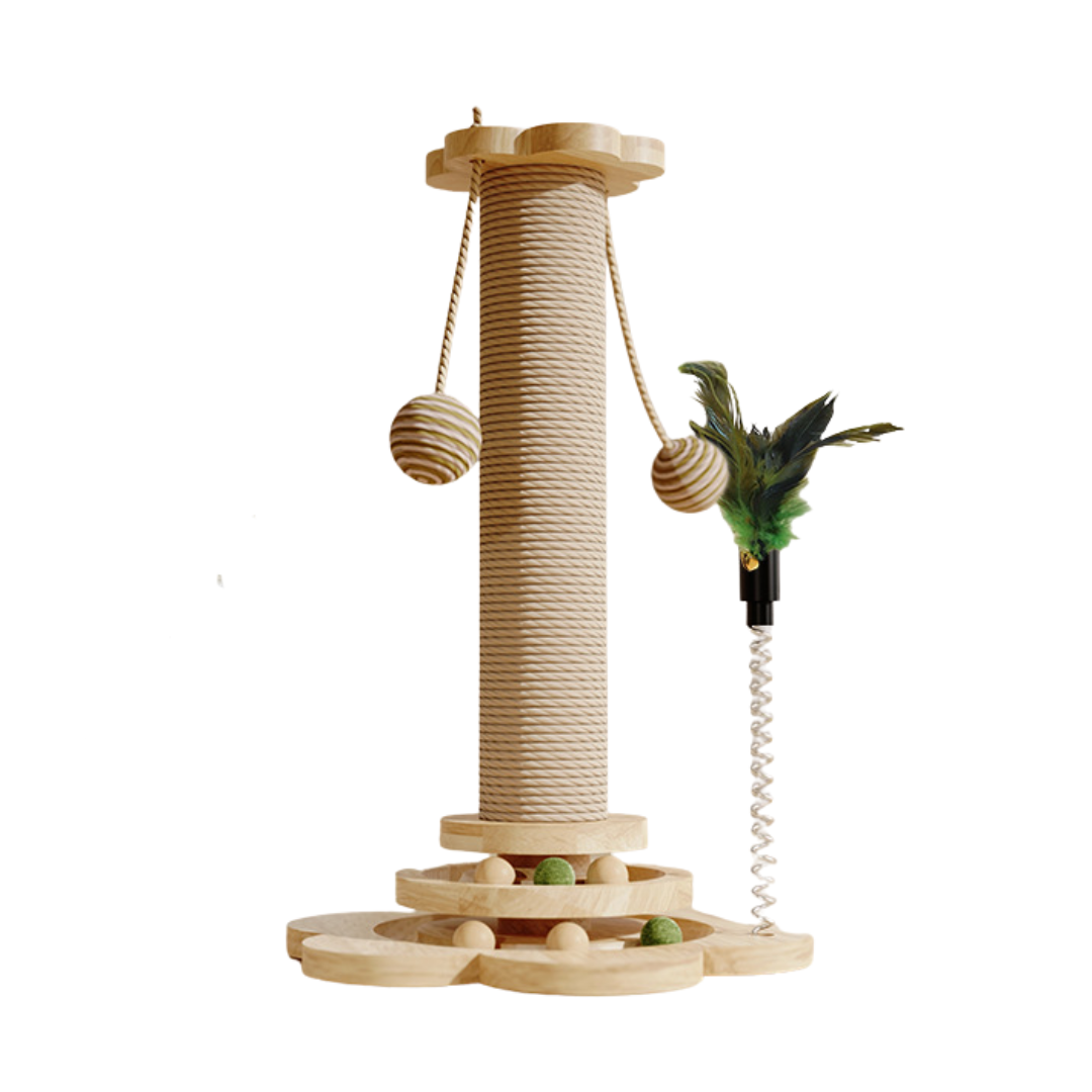 Flower Tower krabpaal van hout met speelcirkel, sisal en kippenveren