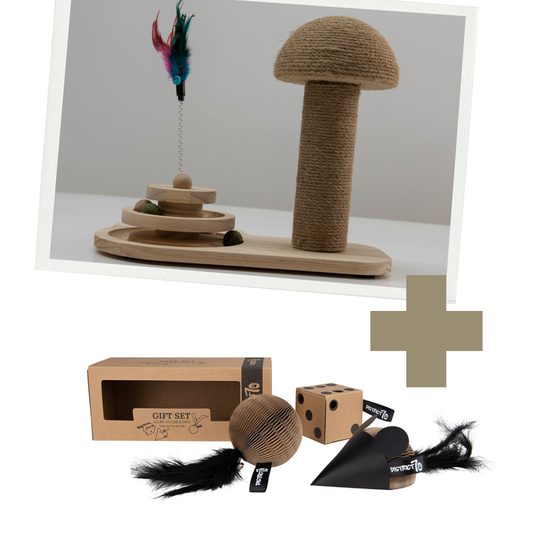 Katten Speel & Krab Bundel met houten krab paddenstoel en kartonnen kattenspeeltjes van District 70