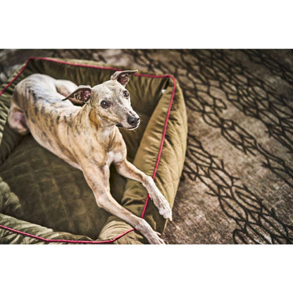 Olivkleurig hondenbed OXFORD van LABONI, dubbelzijdig met zachte piping