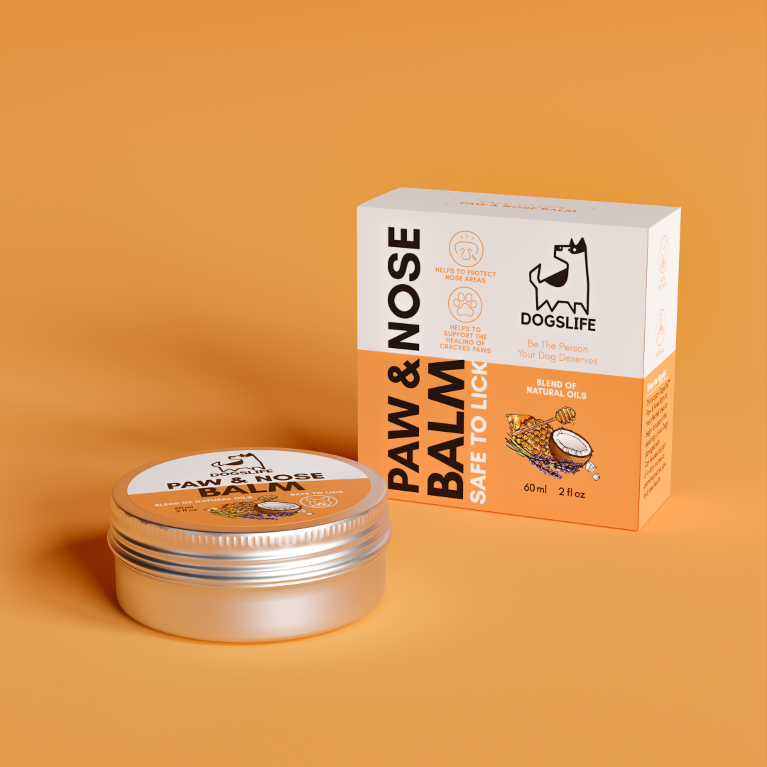 OurDogsLife paw & nose balm voor verzorging van hondenpoten en neus oranje achtergrond