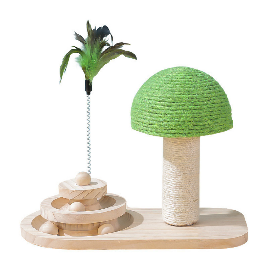 Krab & Speel Paddenstoel van hout met groene touwkap, speelcirkel en catnipbal