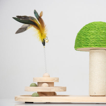 Krab & Speel Paddenstoel van hout met groene touwkap, speelcirkel en catnipbal