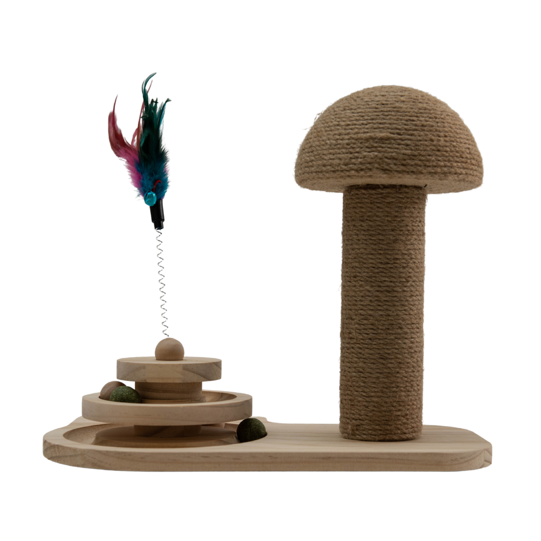 Krab & Speel Paddenstoel van hout mettouwkap, speelcirkel en catnipbal