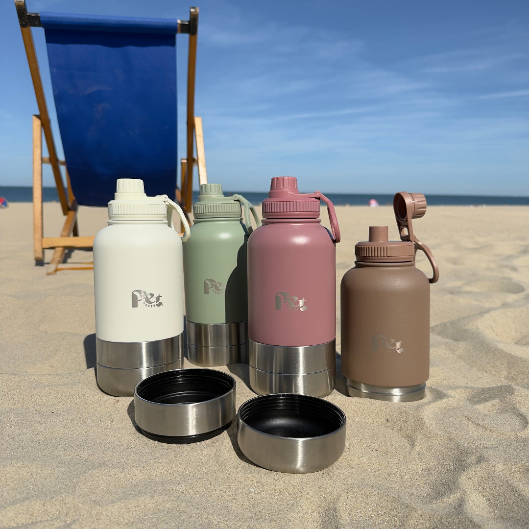 RVS honden drinkfles 3-in-1 met voer- en waterbakjes, 1000 ml, in ivoorwit, rookroze, saliegroen en zandbruin