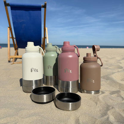 RVS honden drinkfles 3-in-1 met voer- en waterbakjes, 1000 ml, in ivoorwit, rookroze, saliegroen en zandbruin