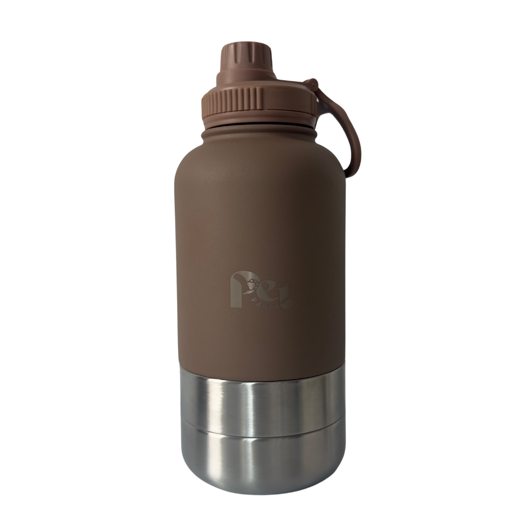 RVS honden drinkfles 3-in-1 met voer- en waterbakjes, 1000 ml, in ivoorwit, rookroze, saliegroen en zandbruin