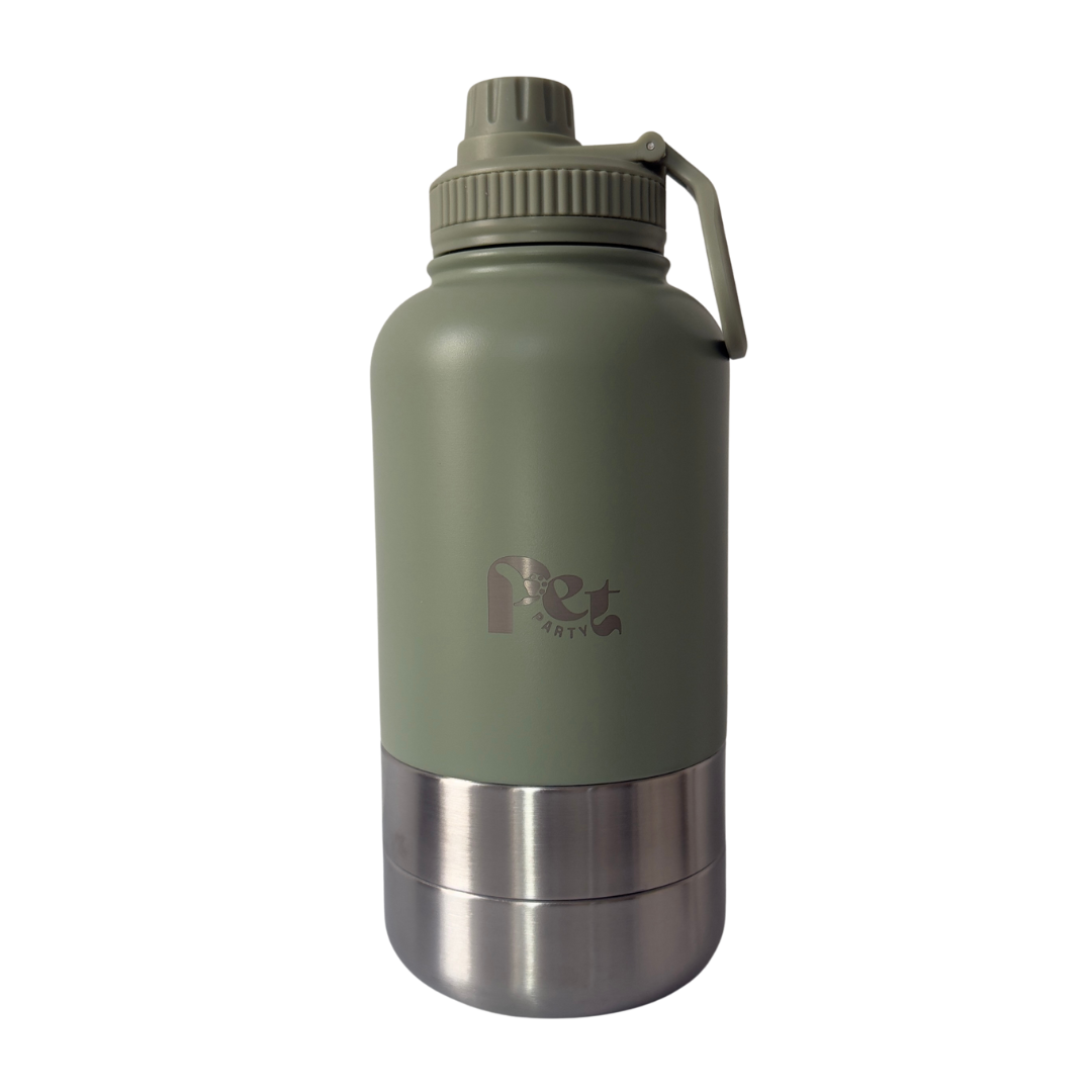 RVS honden drinkfles 3-in-1 met voer- en waterbakjes, 1000 ml, in ivoorwit, rookroze, saliegroen en zandbruin