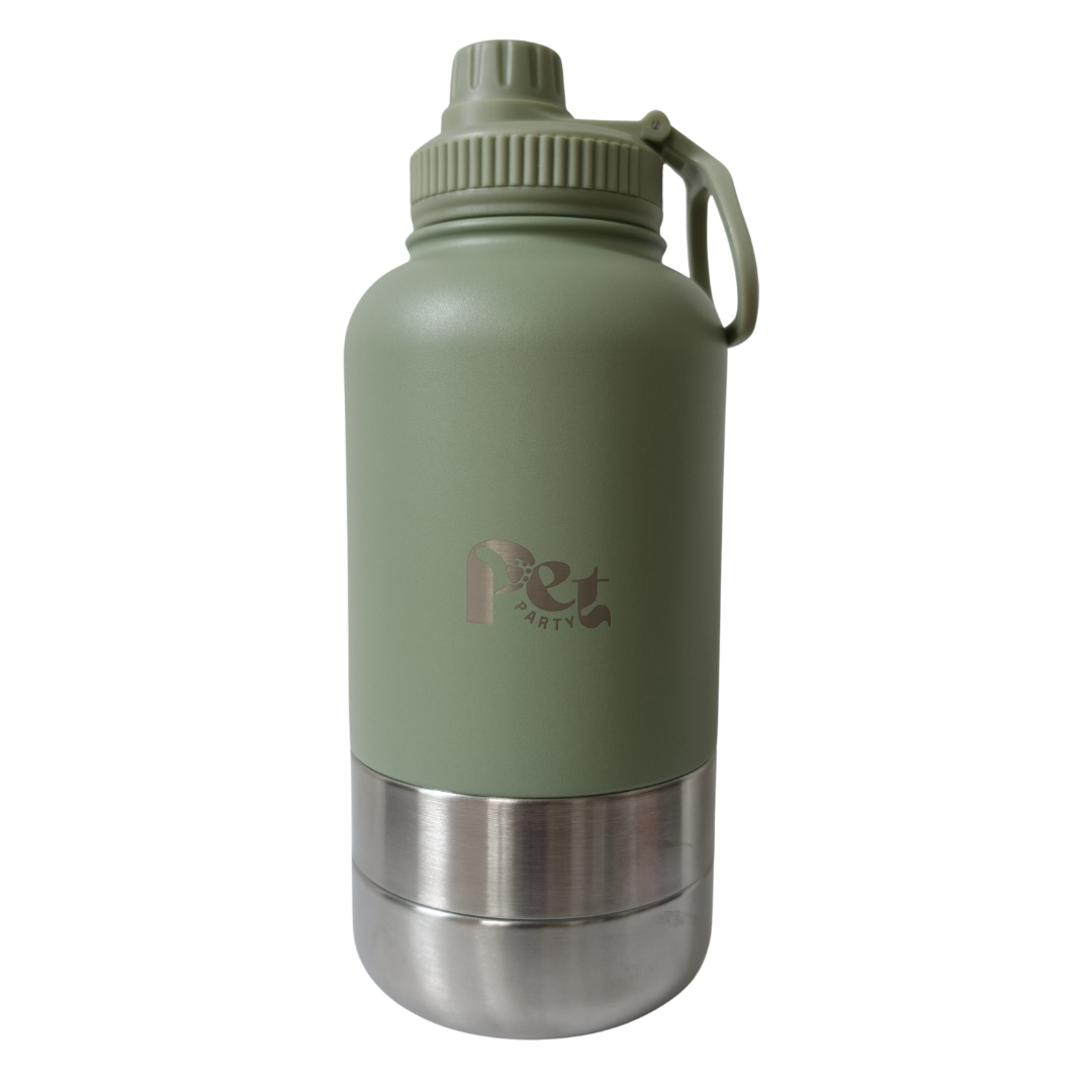 RVS honden drinkfles 3-in-1 met voer- en waterbakjes, 1000 ml, in ivoorwit, geel, lichtblauw, rood, rookroze, saliegroen en zandbruin
