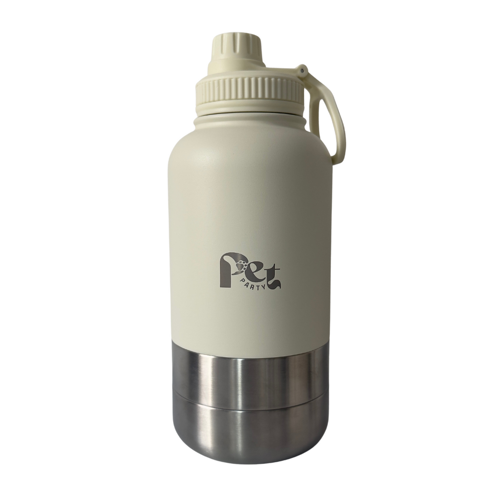 RVS honden drinkfles 3-in-1 met voer- en waterbakjes, 1000 ml, in ivoorwit, rookroze, saliegroen en zandbruin